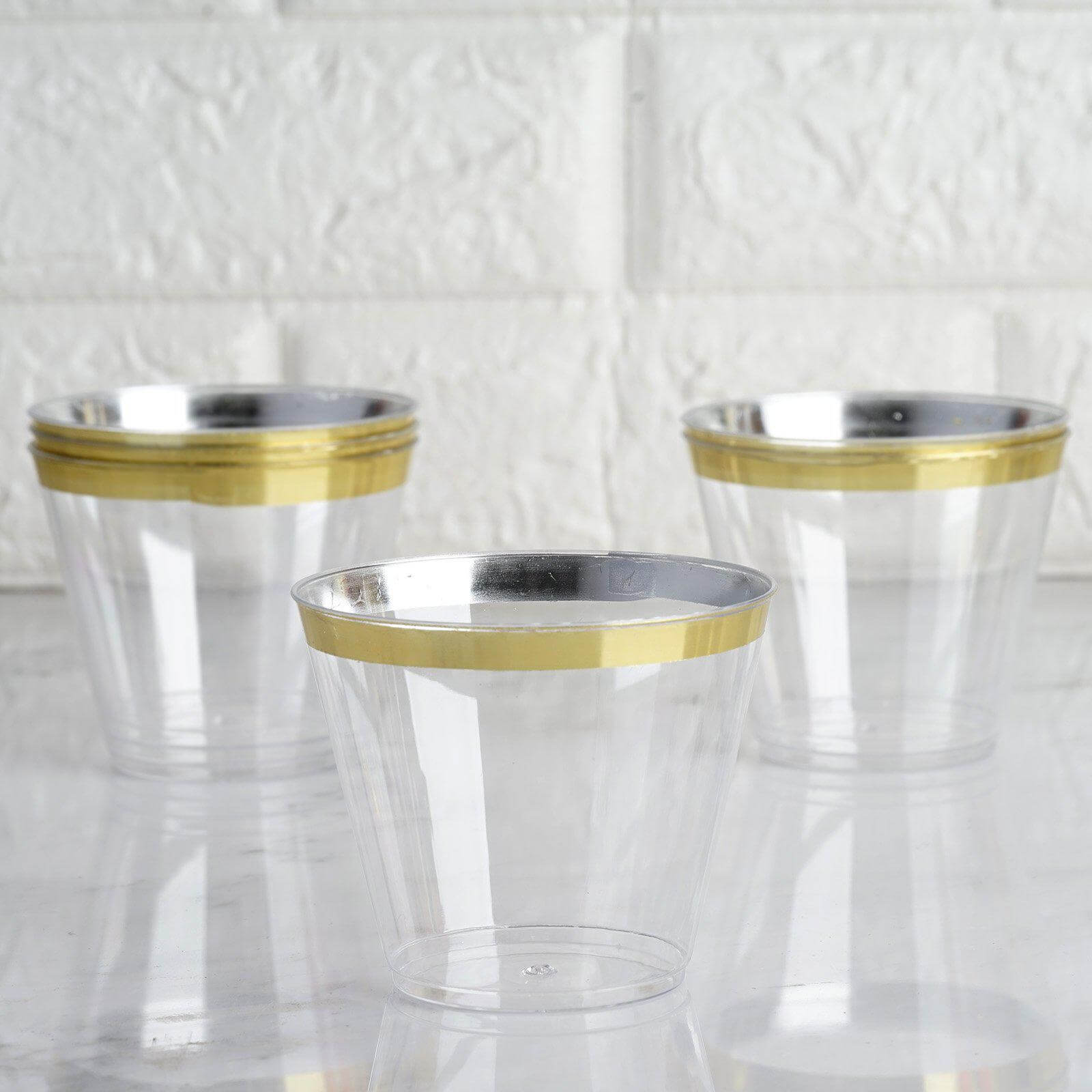 25 - Pack Plastic Party Cups Clear Crystal with Gold Rim - Stylish Short Disposable Glasses 9oz - Linen Luxes