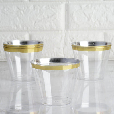 25 - Pack Plastic Party Cups Clear Crystal with Gold Rim - Stylish Short Disposable Glasses 9oz - Linen Luxes
