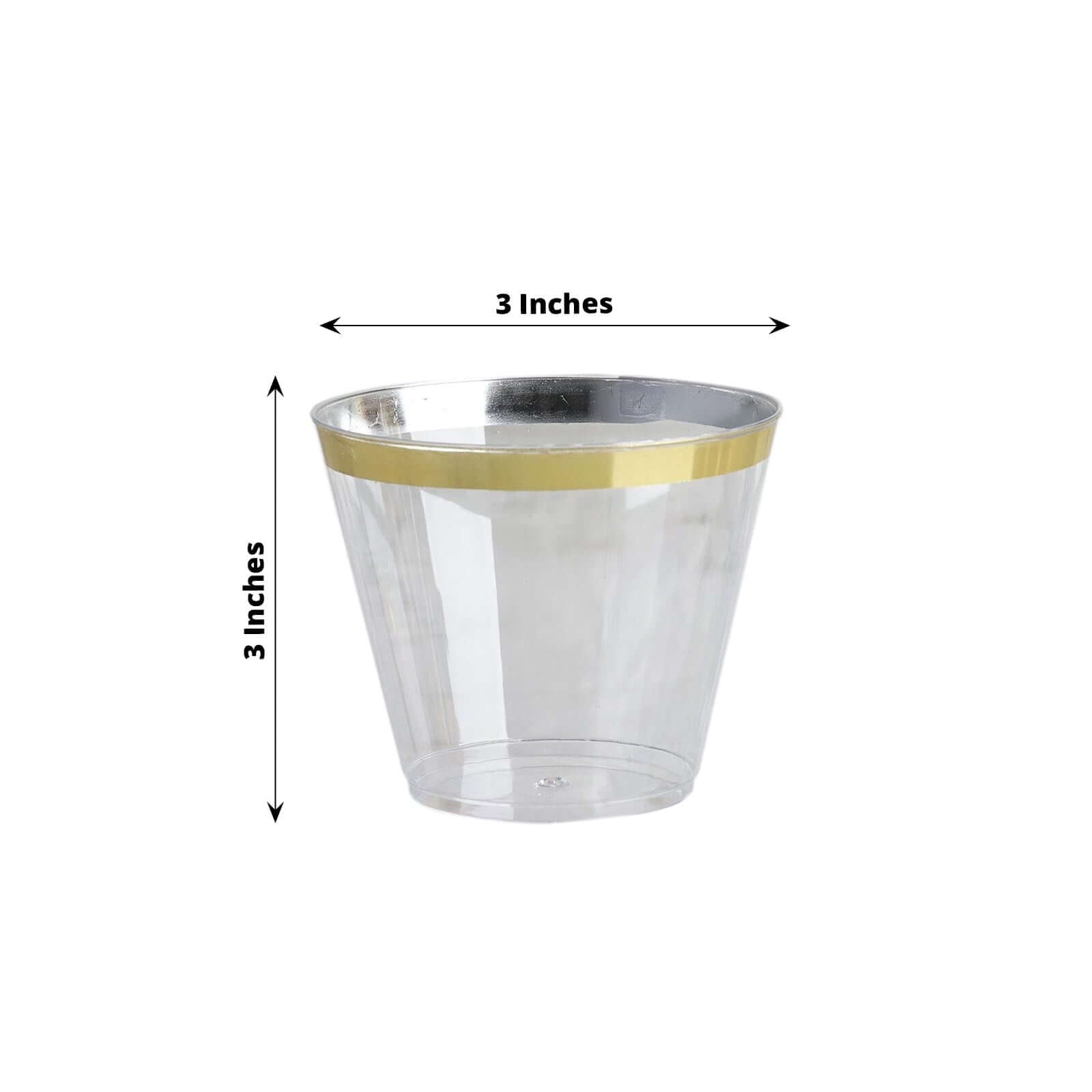 25 - Pack Plastic Party Cups Clear Crystal with Gold Rim - Stylish Short Disposable Glasses 9oz - Linen Luxes