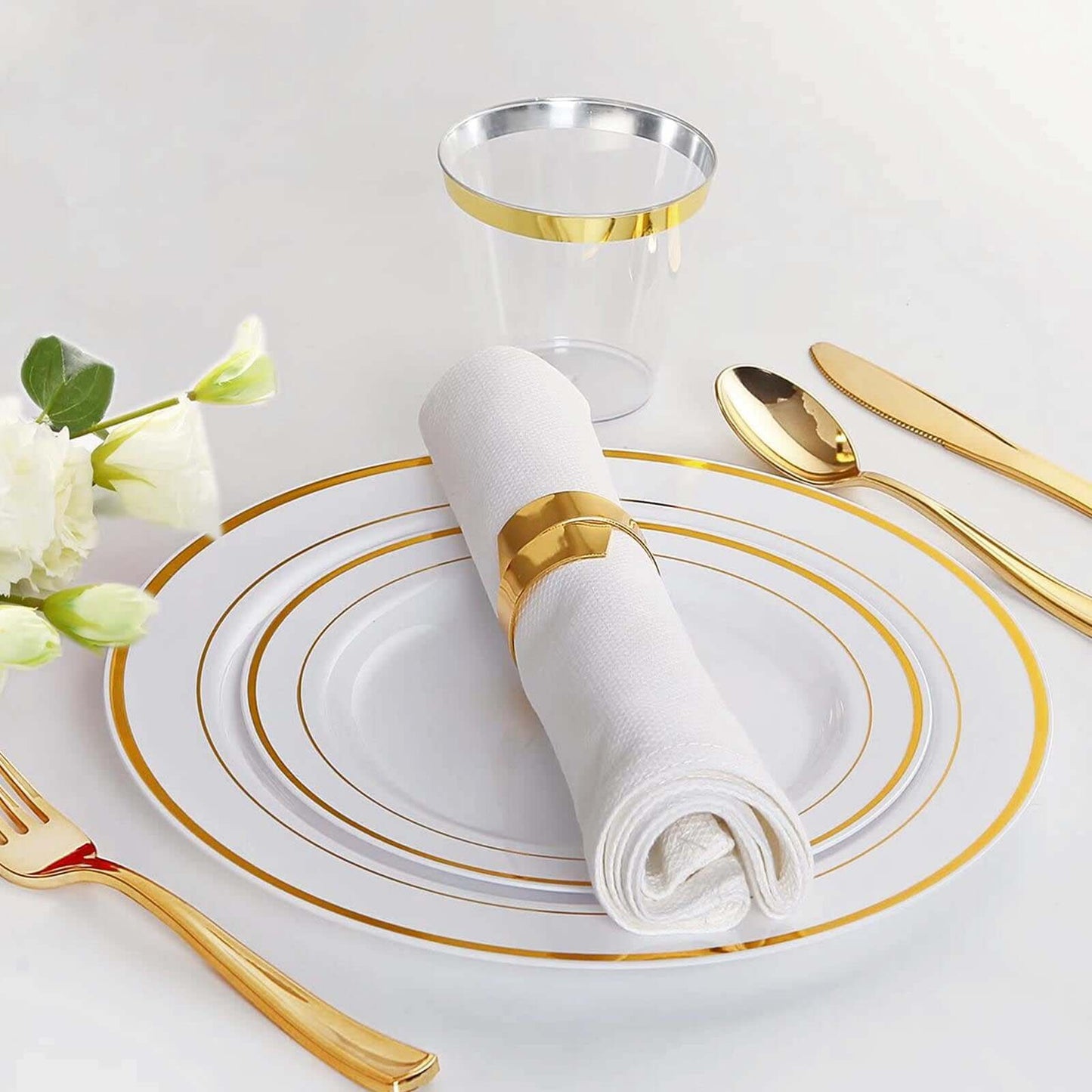 25 - Pack Plastic Party Cups Clear Crystal with Gold Rim - Stylish Short Disposable Glasses 9oz - Linen Luxes