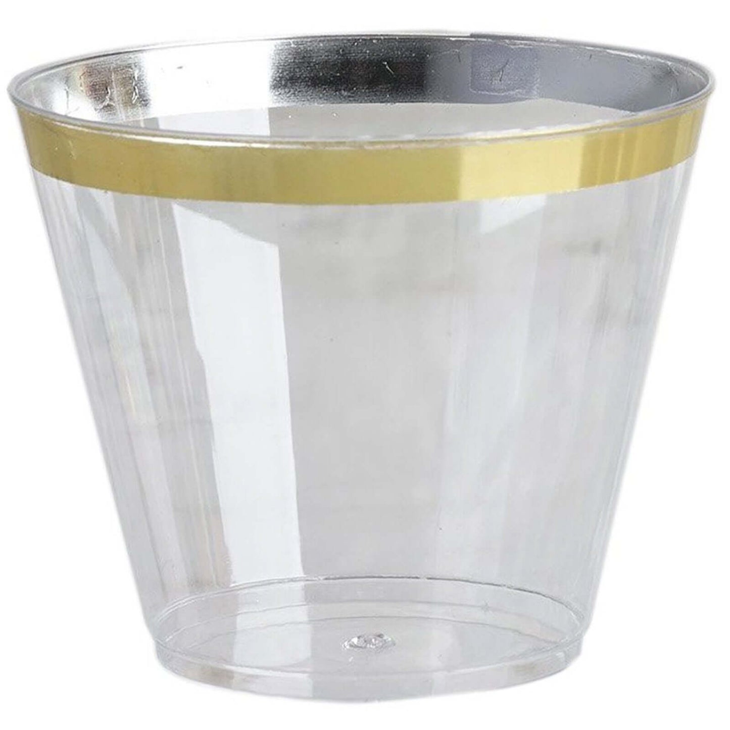 25 - Pack Plastic Party Cups Clear Crystal with Gold Rim - Stylish Short Disposable Glasses 9oz - Linen Luxes