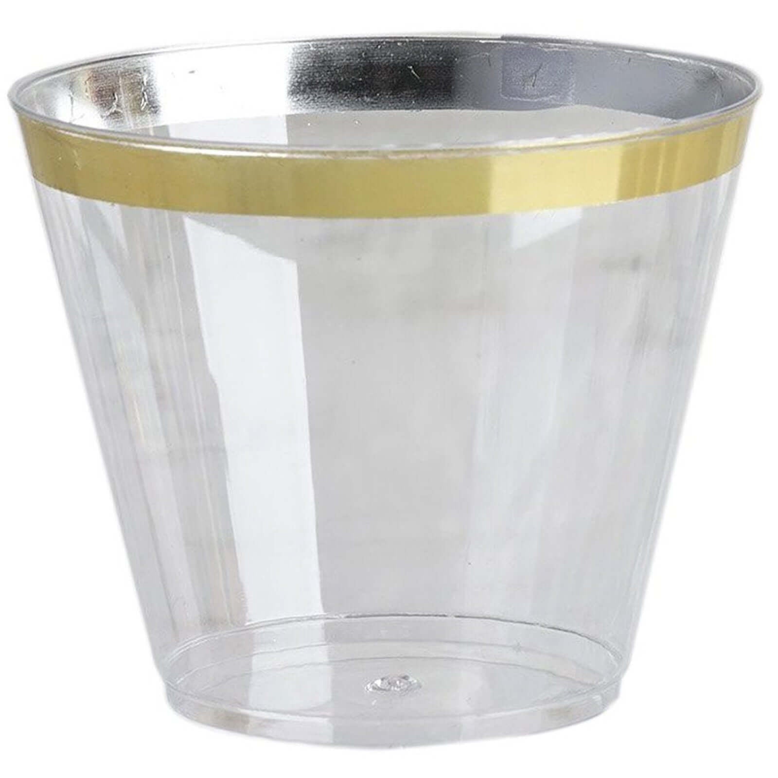 25 - Pack Plastic Party Cups Clear Crystal with Gold Rim - Stylish Short Disposable Glasses 9oz - Linen Luxes