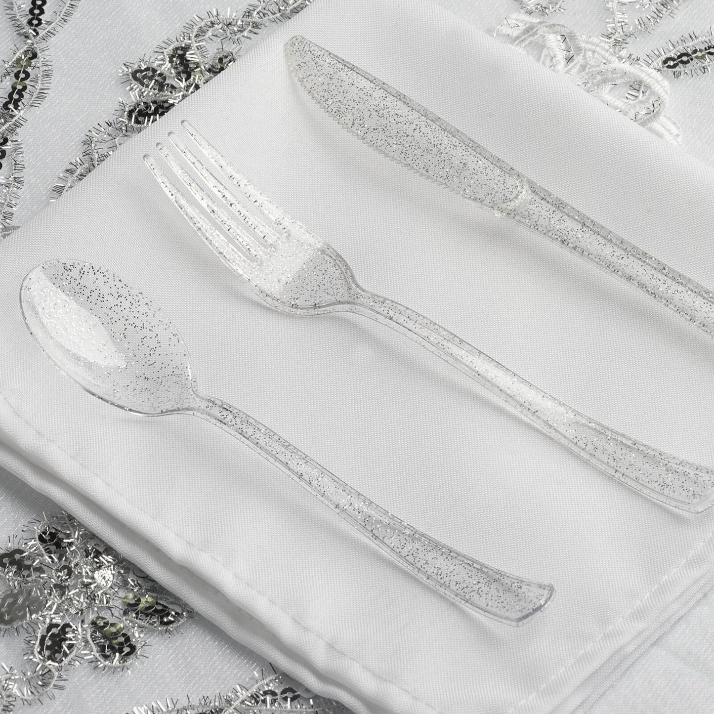 25 - Pack Plastic Spoons Clear Silver Glitter Classic Heavy Duty - Decorative Disposable Tableware 7" - Linen Luxes