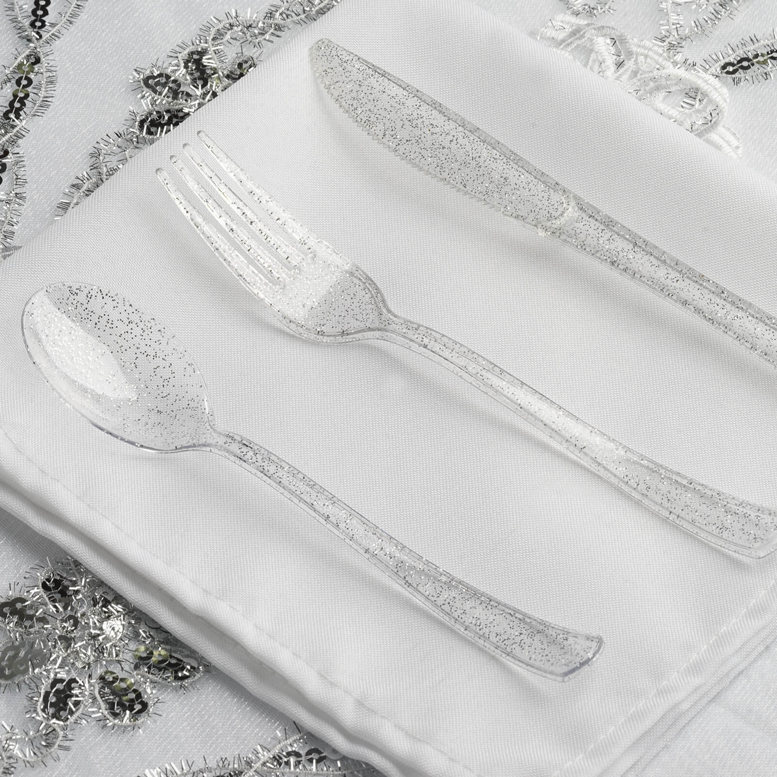 25 - Pack Plastic Spoons Clear Silver Glitter Classic Heavy Duty - Decorative Disposable Tableware 7" - Linen Luxes