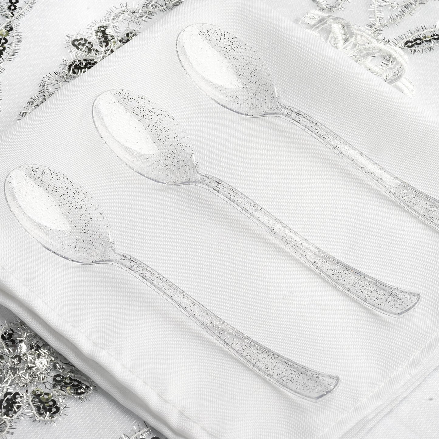 25 - Pack Plastic Spoons Clear Silver Glitter Classic Heavy Duty - Decorative Disposable Tableware 7" - Linen Luxes
