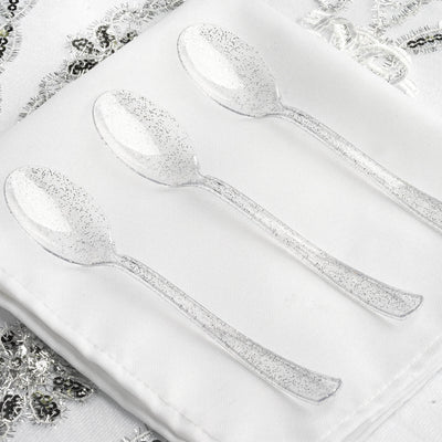25 - Pack Plastic Spoons Clear Silver Glitter Classic Heavy Duty - Decorative Disposable Tableware 7" - Linen Luxes