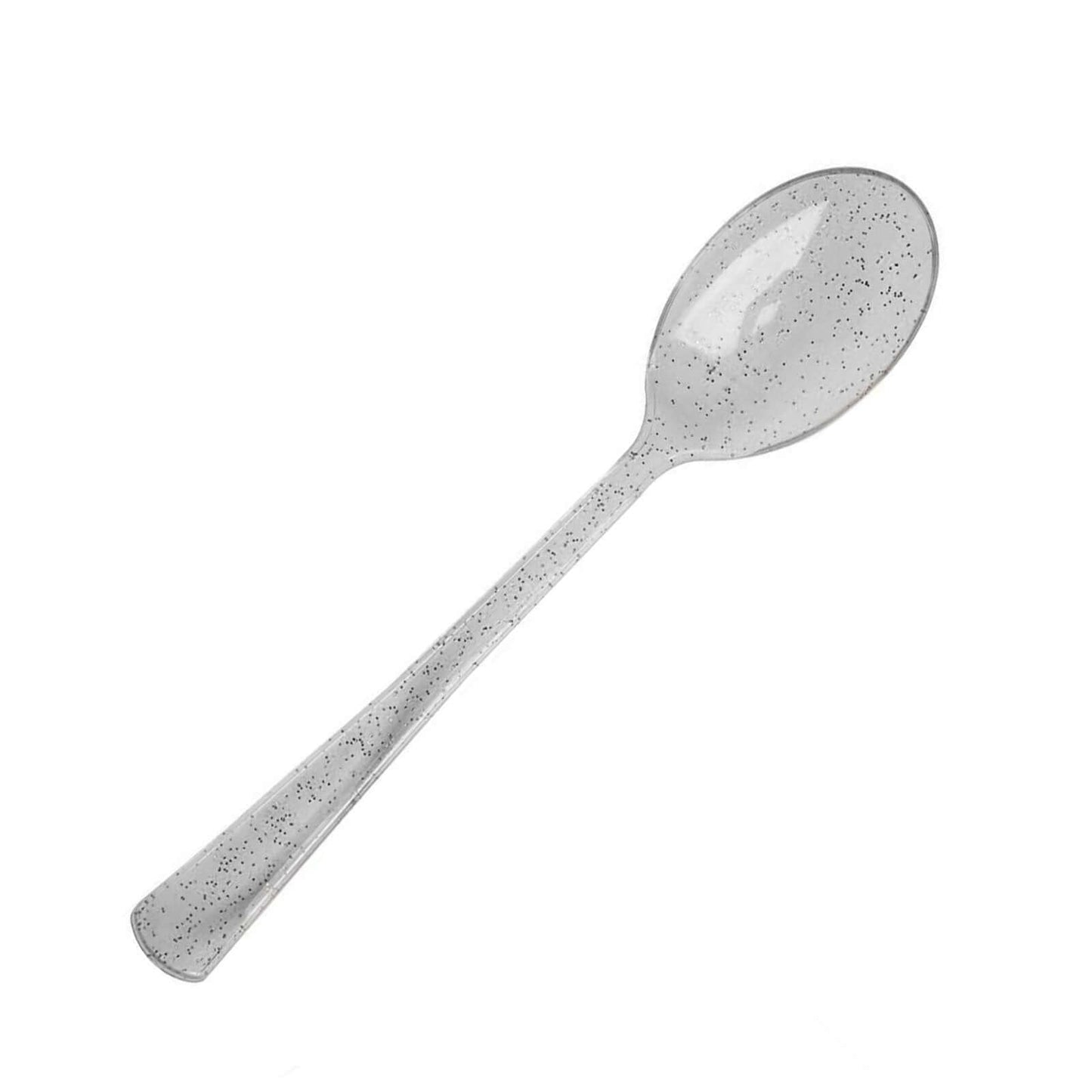 25 - Pack Plastic Spoons Clear Silver Glitter Classic Heavy Duty - Decorative Disposable Tableware 7" - Linen Luxes