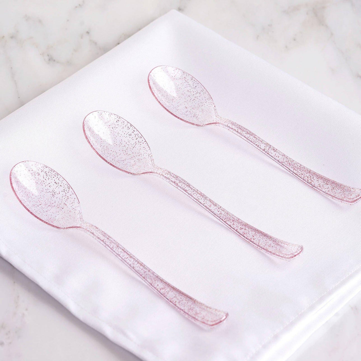 25 - Pack Plastic Spoons Transparent Blush Glitter Classic Heavy Duty - Decorative Disposable Tableware 7" - Linen Luxes