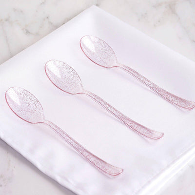 25 - Pack Plastic Spoons Transparent Blush Glitter Classic Heavy Duty - Decorative Disposable Tableware 7" - Linen Luxes