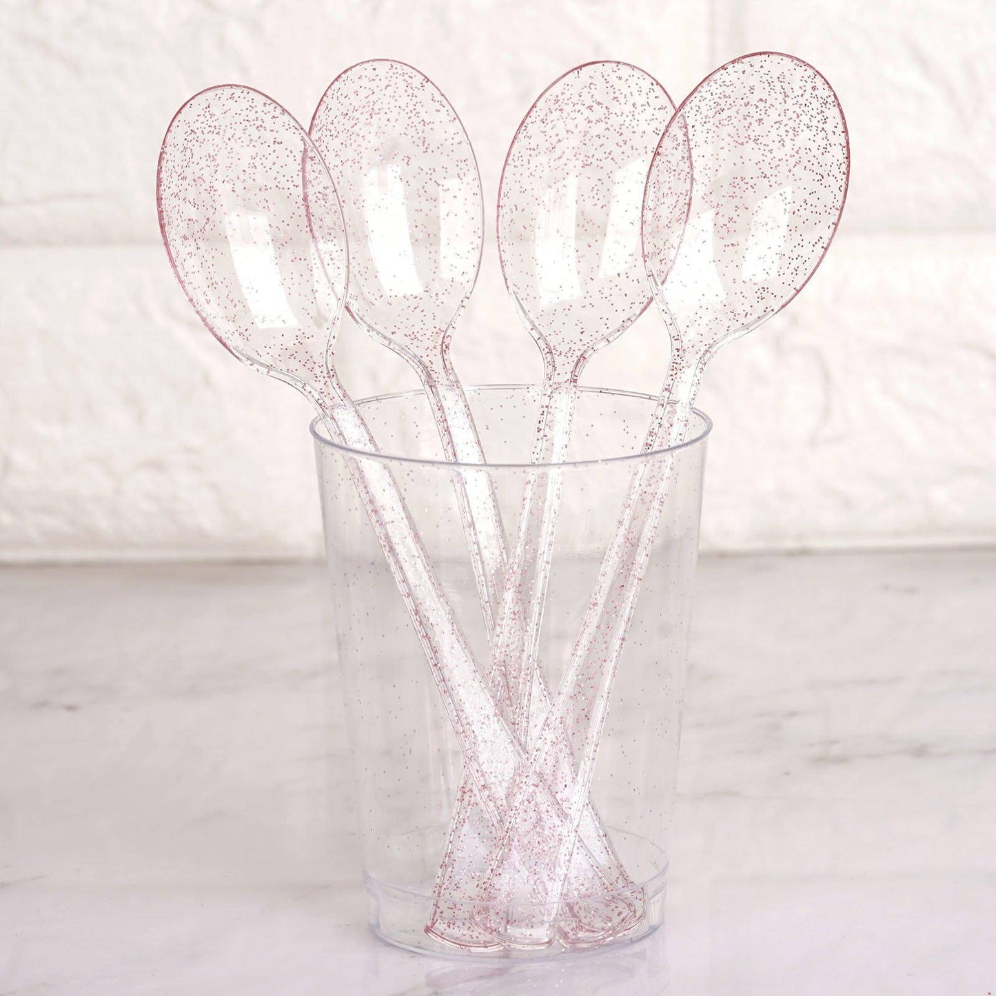 25 - Pack Plastic Spoons Transparent Blush Glitter Classic Heavy Duty - Decorative Disposable Tableware 7" - Linen Luxes