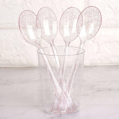 25 - Pack Plastic Spoons Transparent Blush Glitter Classic Heavy Duty - Decorative Disposable Tableware 7" - Linen Luxes