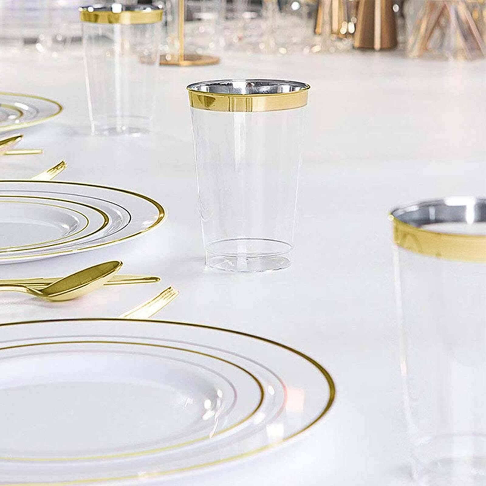 25 - Pack Plastic Tumbler Cups Clear with Gold Rim - Stylish Disposable Party Glasses 10oz - Linen Luxes