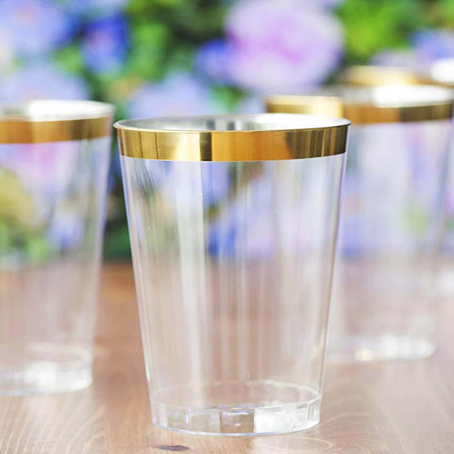 25 - Pack Plastic Tumbler Cups Clear with Gold Rim - Stylish Disposable Party Glasses 10oz - Linen Luxes