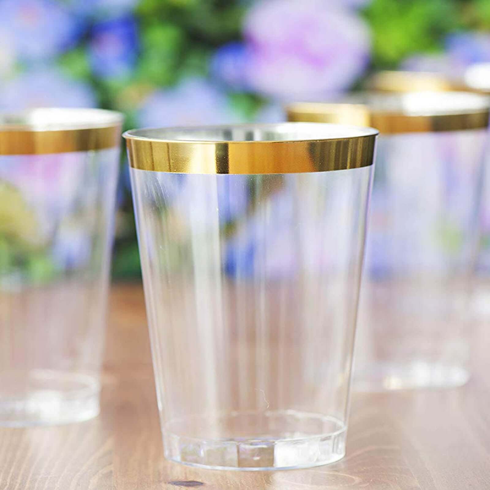 25 - Pack Plastic Tumbler Cups Clear with Gold Rim - Stylish Disposable Party Glasses 10oz - Linen Luxes