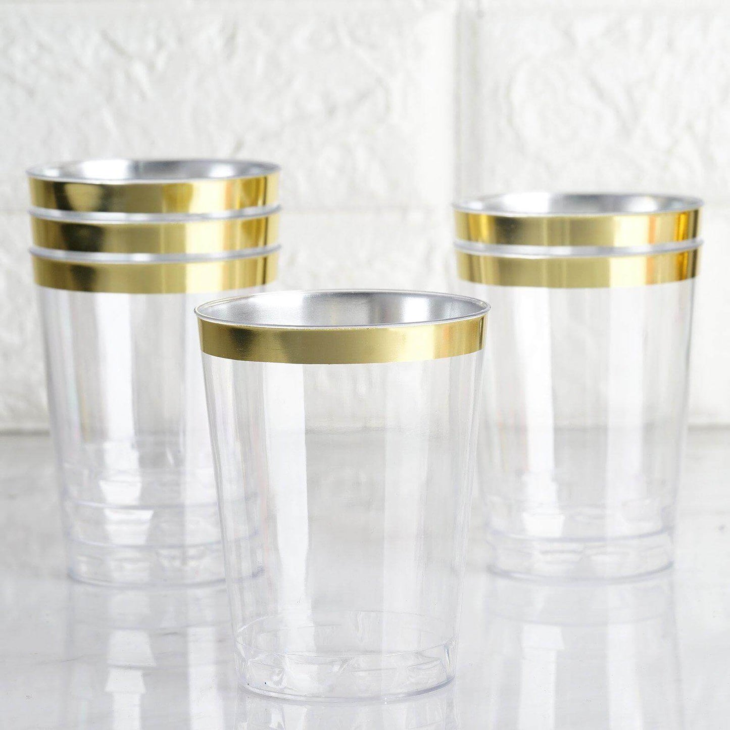 25 - Pack Plastic Tumbler Cups Clear with Gold Rim - Stylish Disposable Party Glasses 10oz - Linen Luxes
