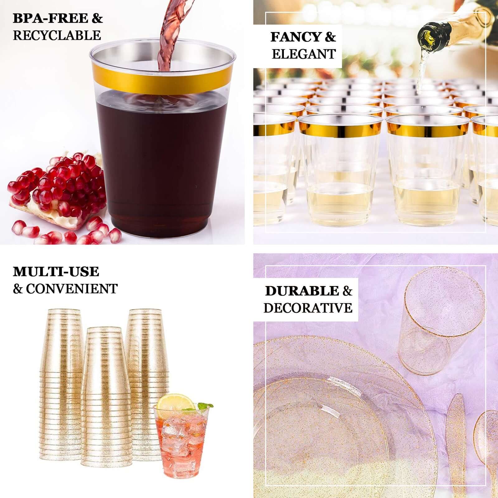 25 - Pack Plastic Tumbler Cups Clear with Gold Rim - Stylish Disposable Party Glasses 10oz - Linen Luxes