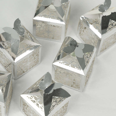 25 Pack Silver Butterfly Top Laser Cut Lace Favor Candy Gift Boxes