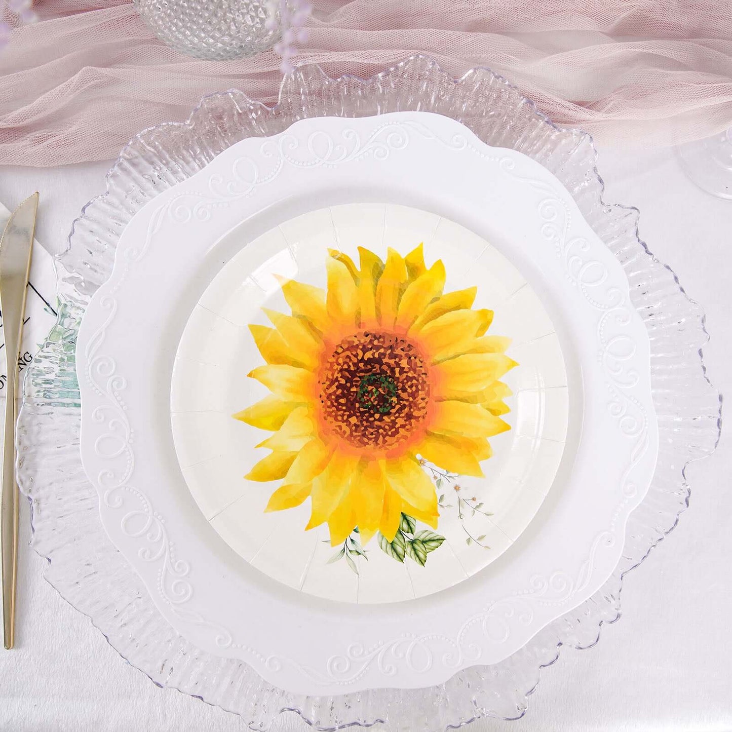 25-Pack Paper 7" Round Dessert Plates White with Sunflower Design - Disposable Salad Plates for Rustic Events & Garden Themes