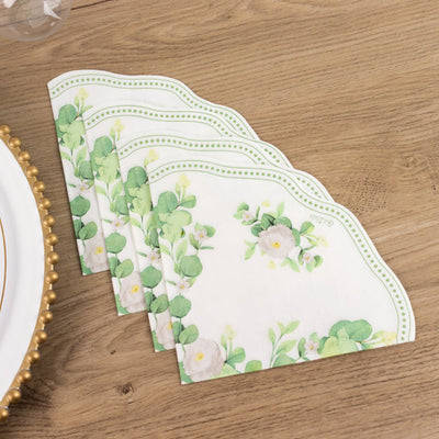 25-Pack Round Paper Cocktail Napkins with Floral Greenery and Scalloped Edge White - Disposable 2 Ply Beverage Napkins 6.25"x6.25"
