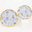 25-Pack Paper Round Dessert Plates 8" in White with Blue French Toile Pattern & Gold Wavy Rim - Disposable 350GSM Salad Plates