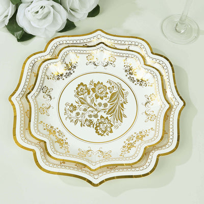 25-Pack Paper Dessert Plates in White with Gold Damask Floral Print & Scallop Rim - Stylish Disposable 300GSM Floral Salad Appetizer Plates for Weddings & Events 8"