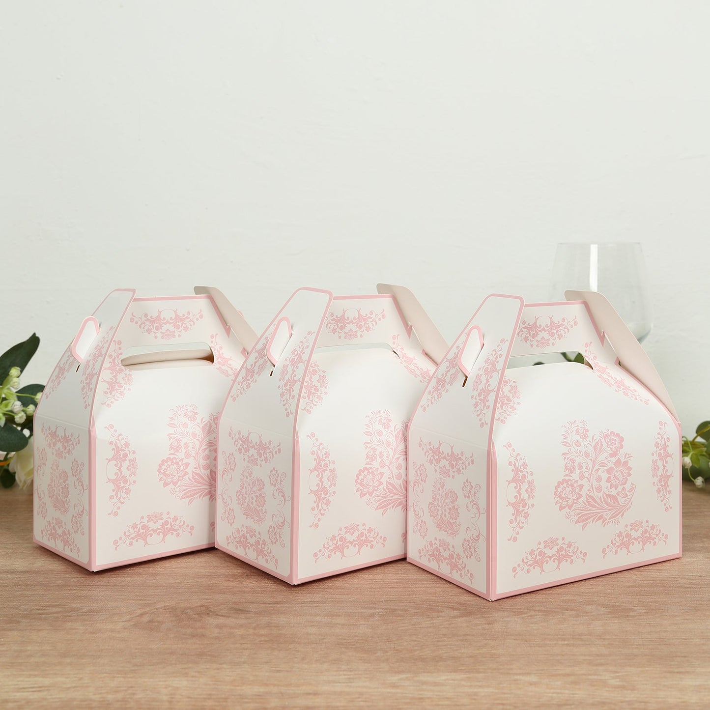 25 Pack White Pink Candy Gift Tote Gable Boxes in Damask Floral Pattern, Party Favor Treat Boxes - 6"x3.5"x7"