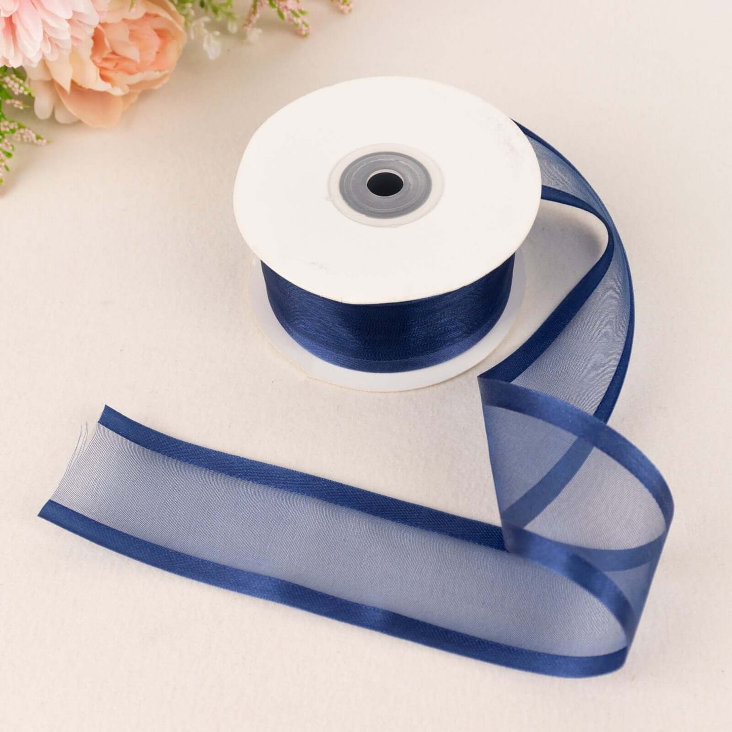 25 Yards 1.5" Navy Blue Sheer Organza Ribbon With Satin Edges - Linen Luxes