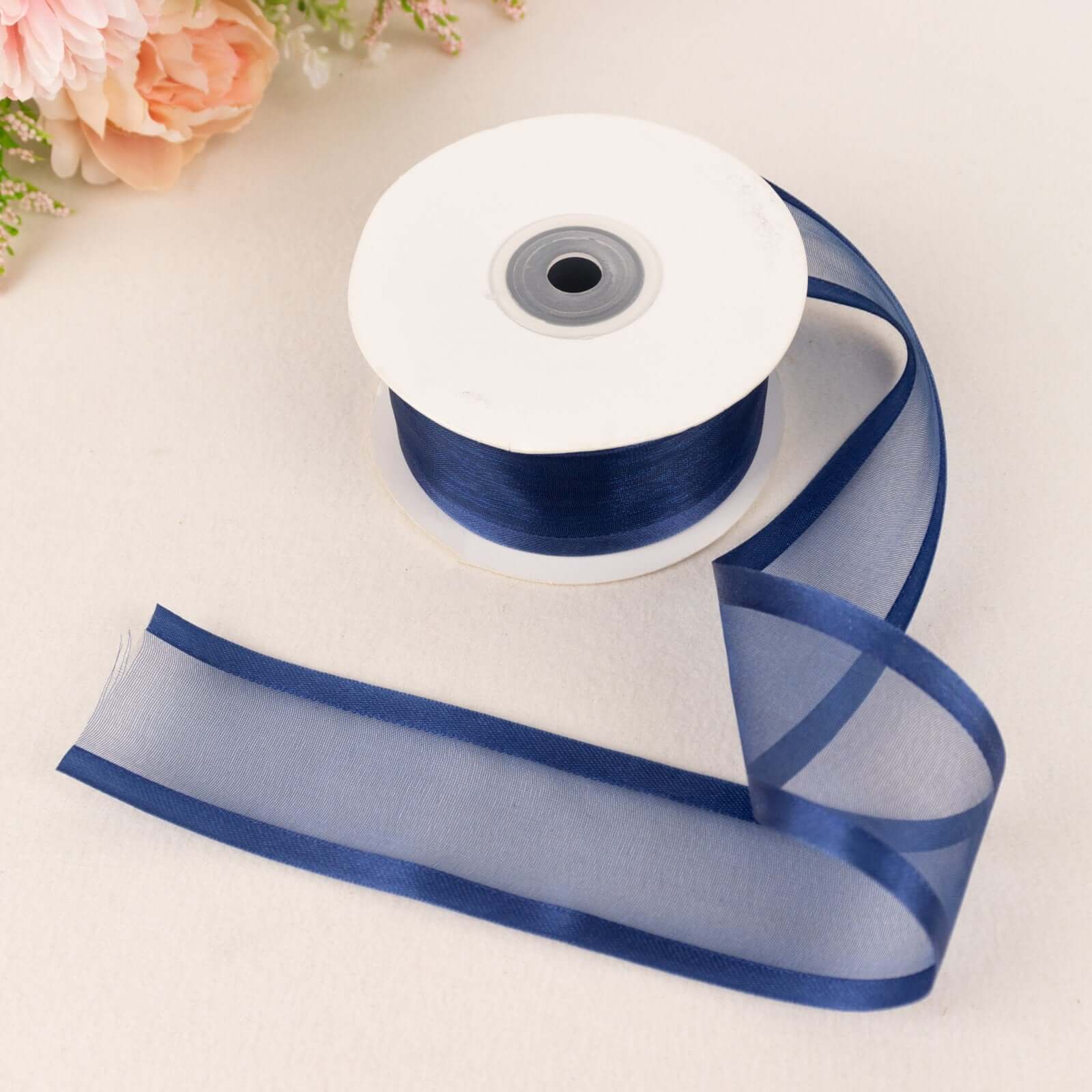 25 Yards 1.5" Navy Blue Sheer Organza Ribbon With Satin Edges - Linen Luxes