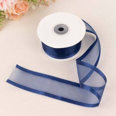 25 Yards 1.5" Navy Blue Sheer Organza Ribbon With Satin Edges - Linen Luxes