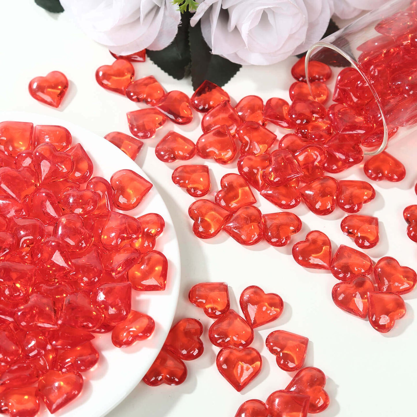 250 Pcs Acrylic Heart Diamond Gems Red Vase Fillers - Romantic Translucent Table Scatters for Valentineâ€™s Day & Events