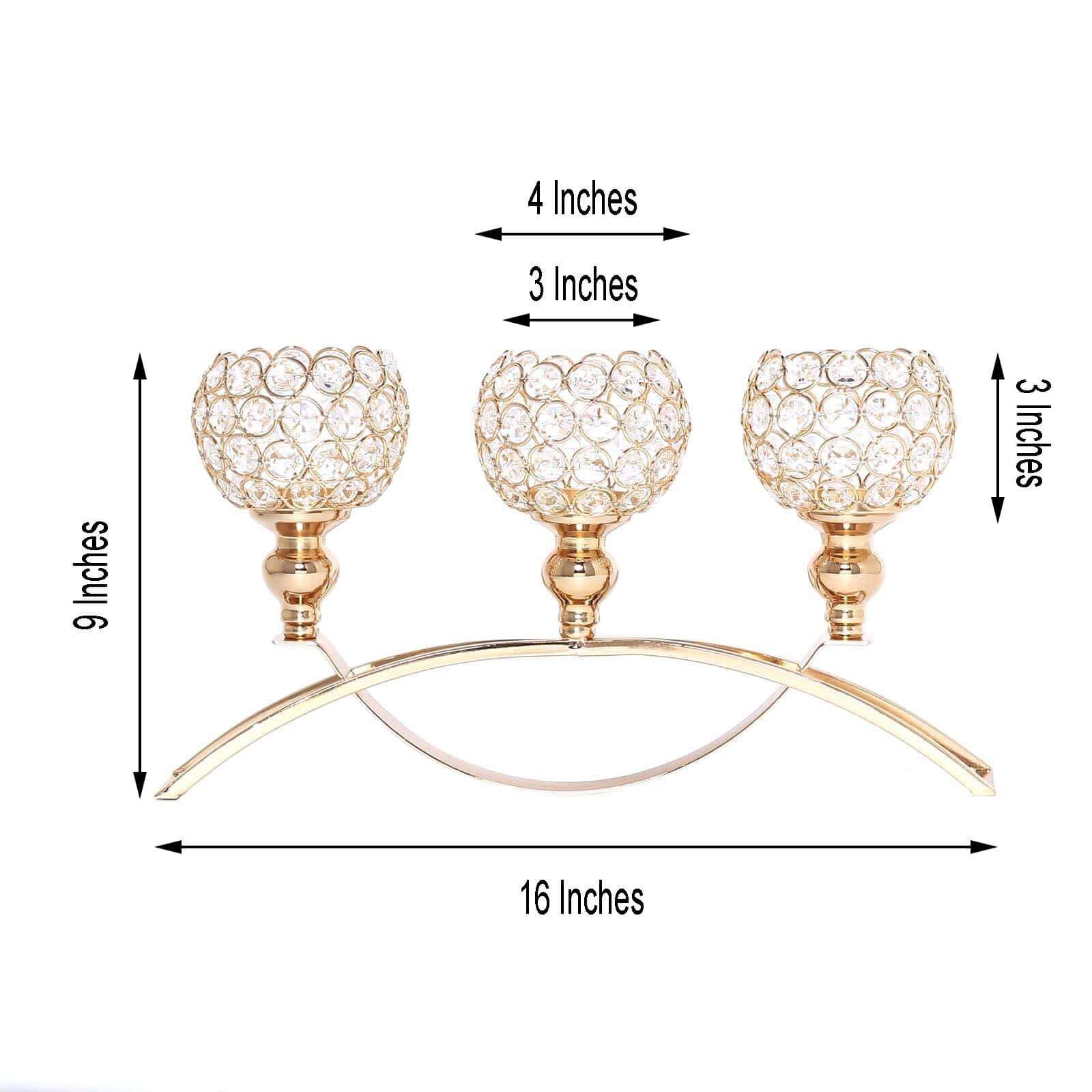 3 - Arm Arch Bridge Candelabra Gold with Crystal Beads - Chic Table Centerpiece for Events 16" - Linen Luxes