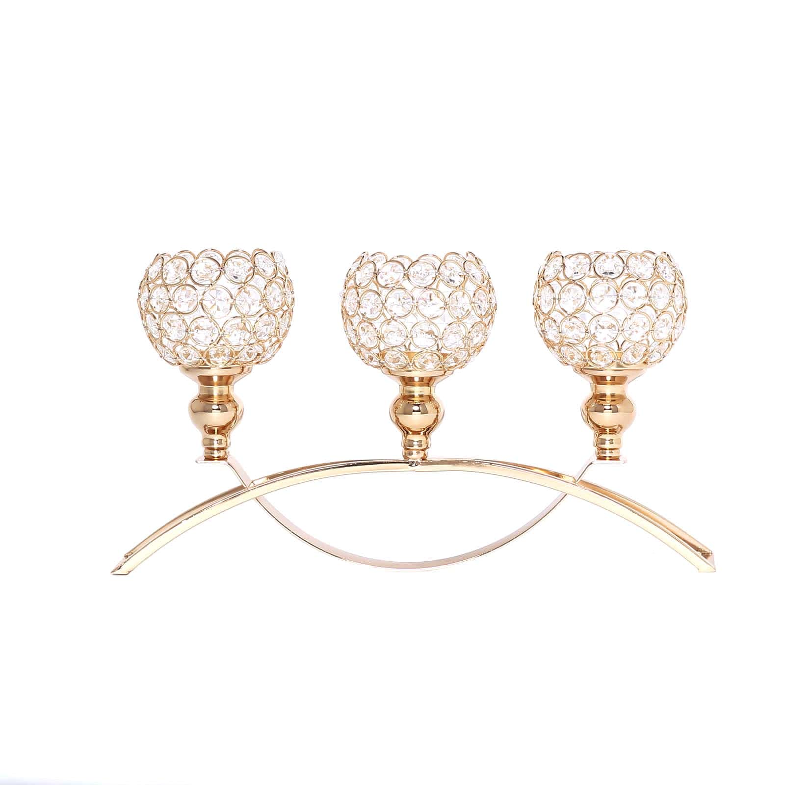 3 - Arm Arch Bridge Candelabra Gold with Crystal Beads - Chic Table Centerpiece for Events 16" - Linen Luxes
