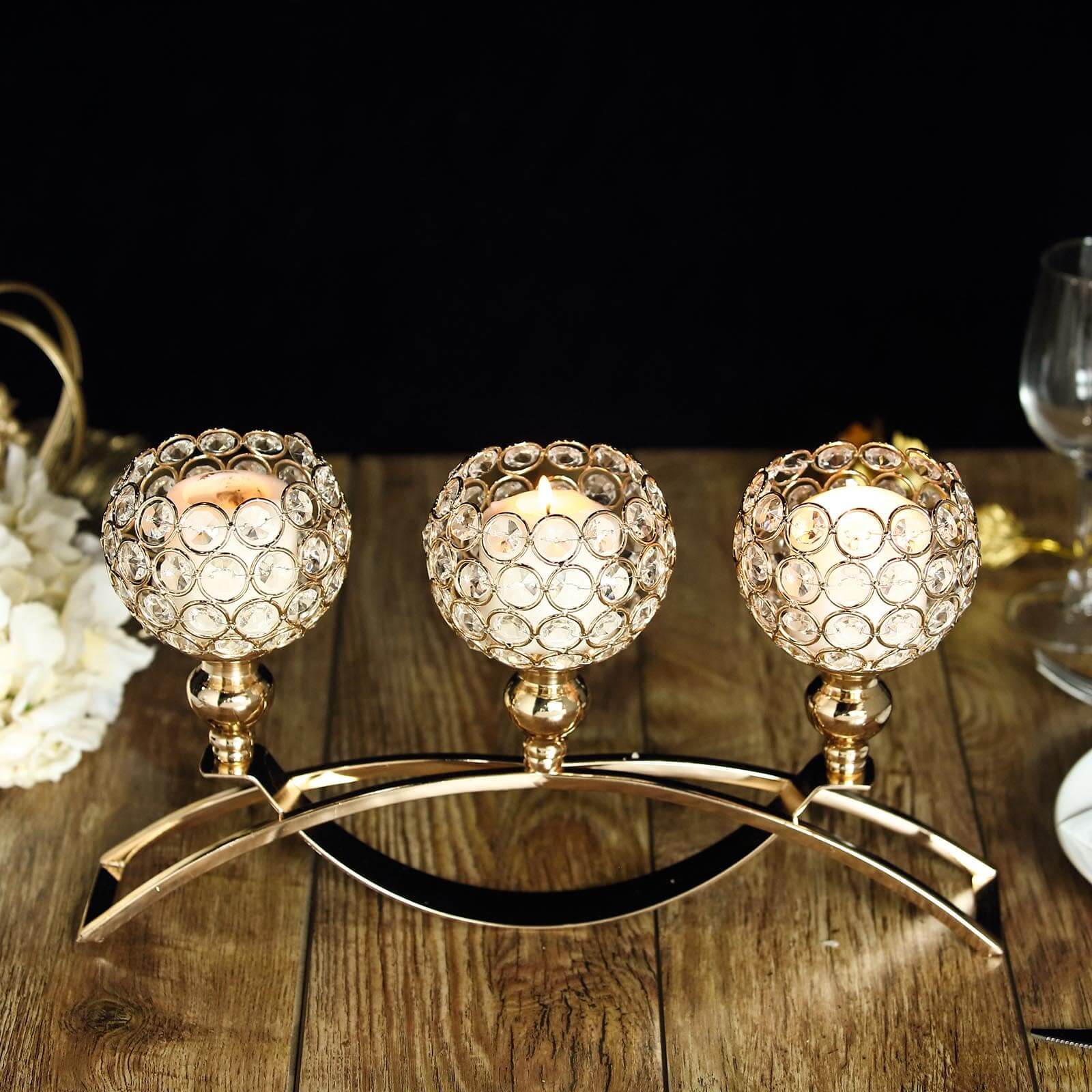 3 - Arm Arch Bridge Candelabra Gold with Crystal Beads - Chic Table Centerpiece for Events 16" - Linen Luxes