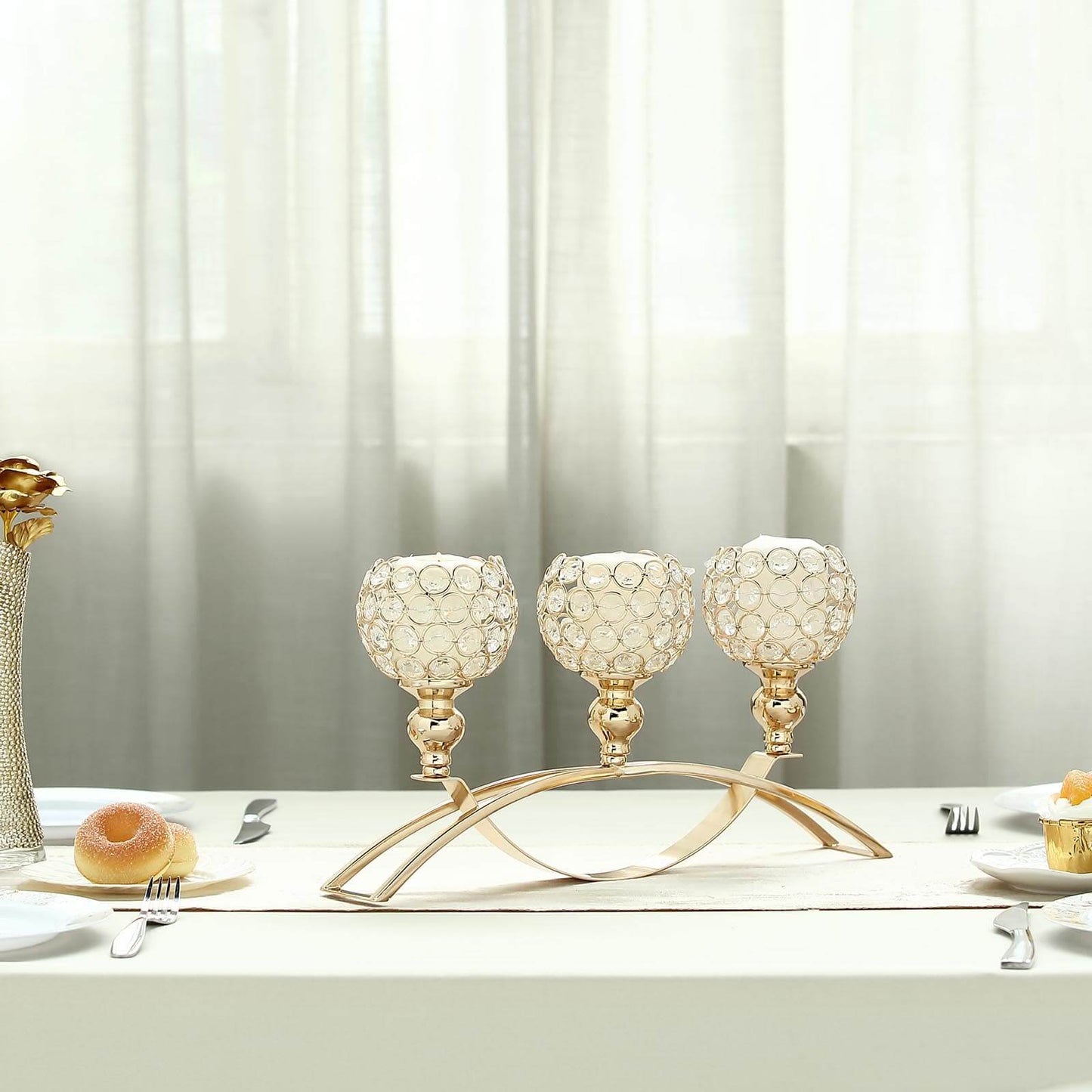 3 - Arm Arch Bridge Candelabra Gold with Crystal Beads - Chic Table Centerpiece for Events 16" - Linen Luxes