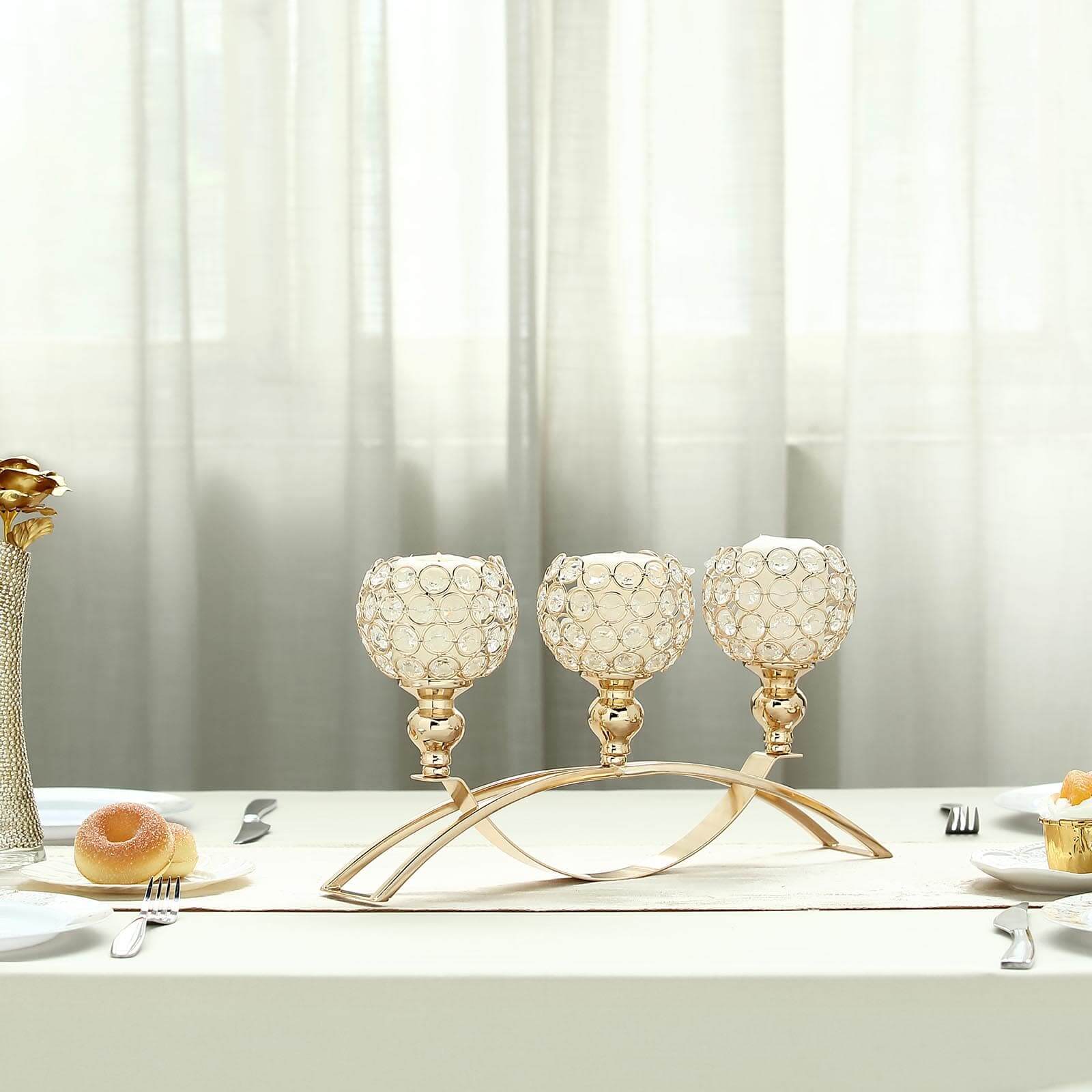 3 - Arm Arch Bridge Candelabra Gold with Crystal Beads - Chic Table Centerpiece for Events 16" - Linen Luxes