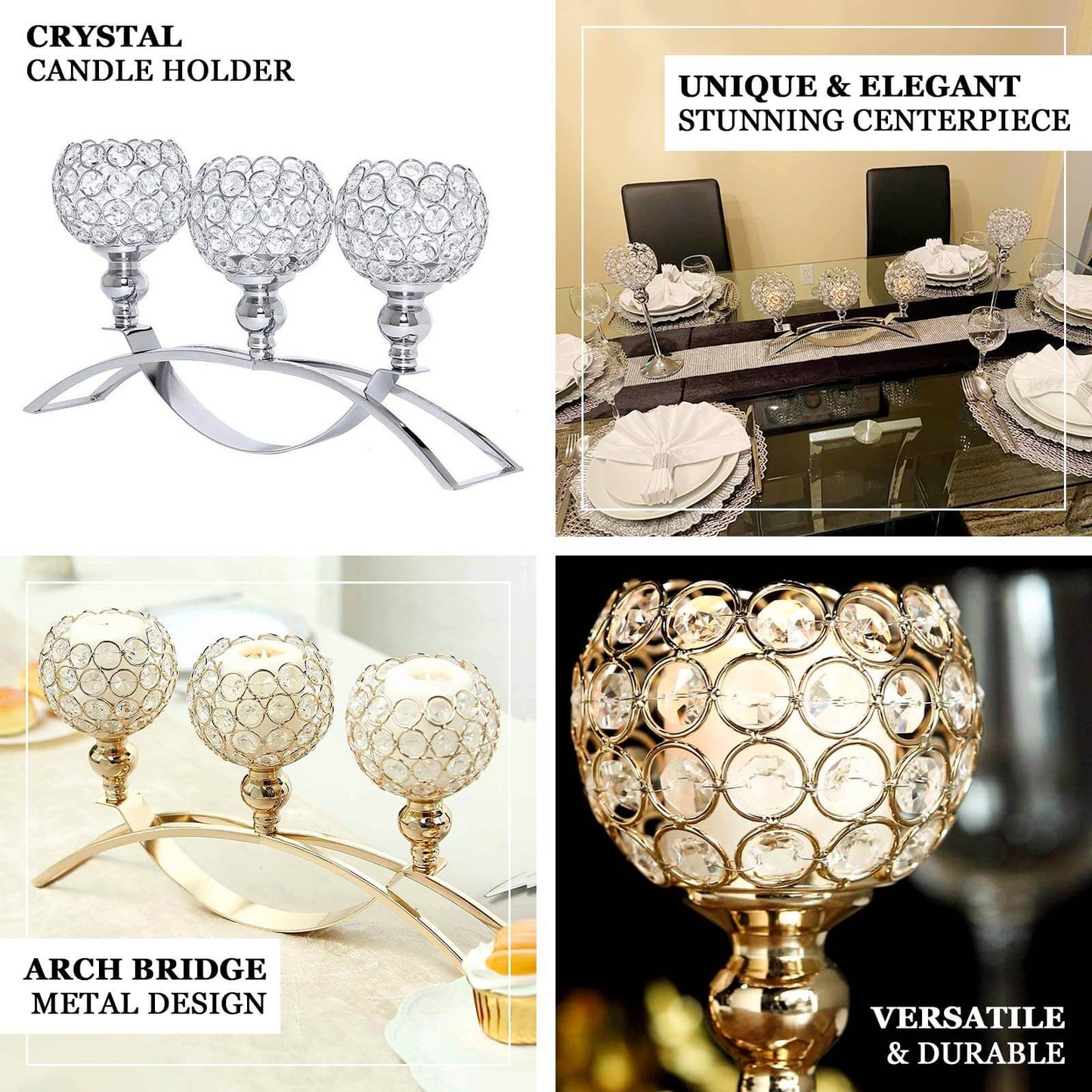 3 - Arm Arch Bridge Candelabra Gold with Crystal Beads - Chic Table Centerpiece for Events 16" - Linen Luxes