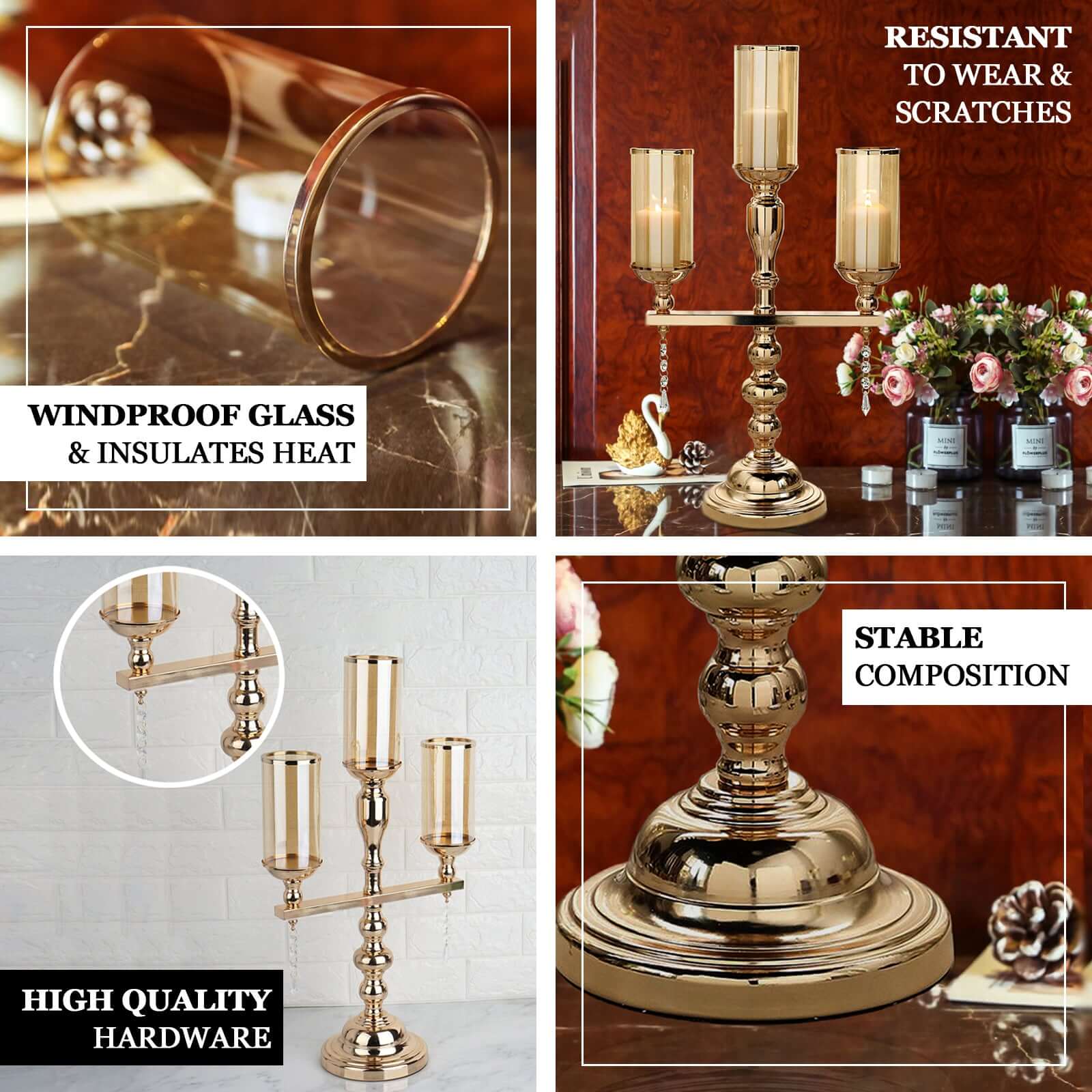 3 - Arm Gold Candelabra Metal with Amber Glass Shades - Stylish Table Centerpiece for Gatherings - Linen Luxes