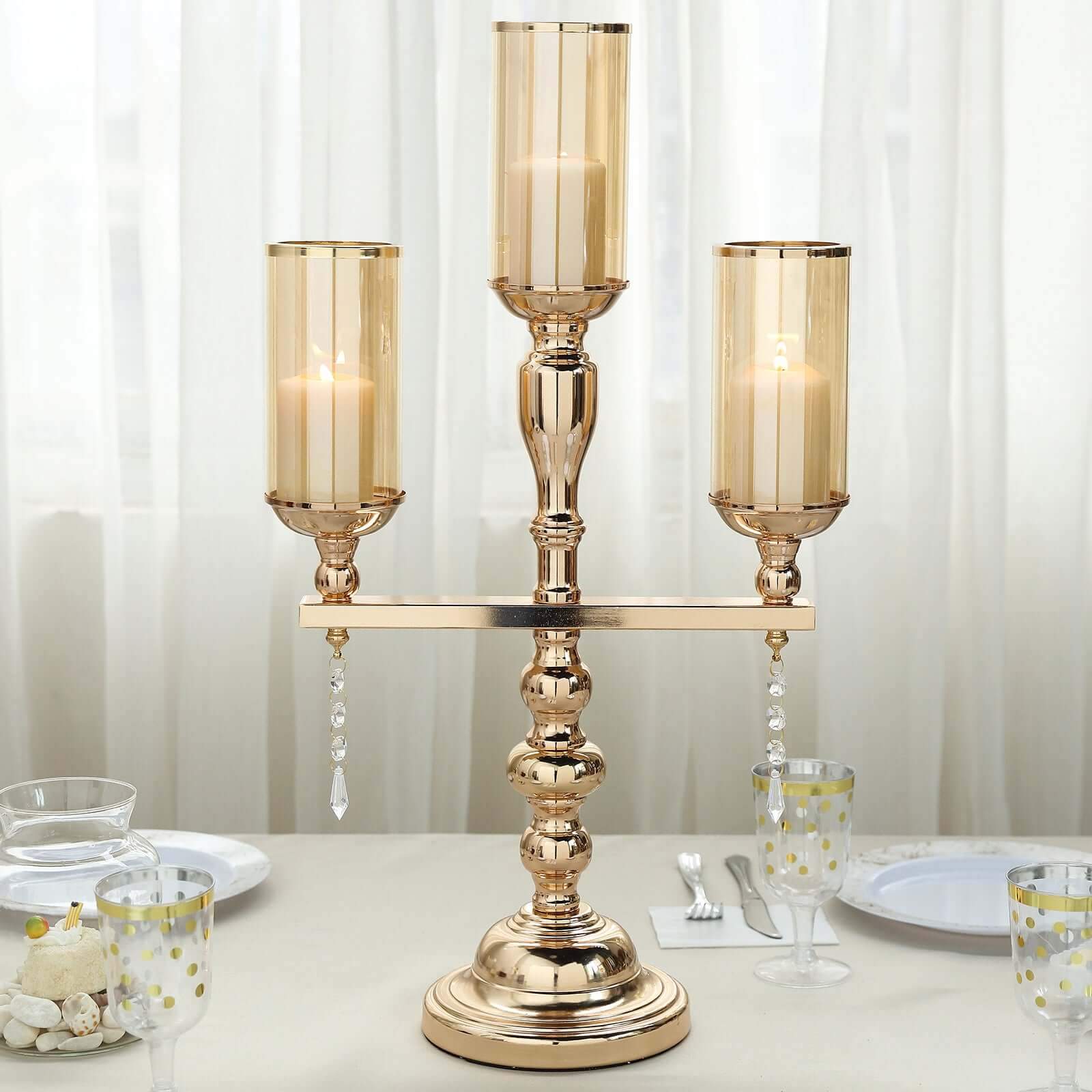 3 - Arm Gold Candelabra Metal with Amber Glass Shades - Stylish Table Centerpiece for Gatherings - Linen Luxes