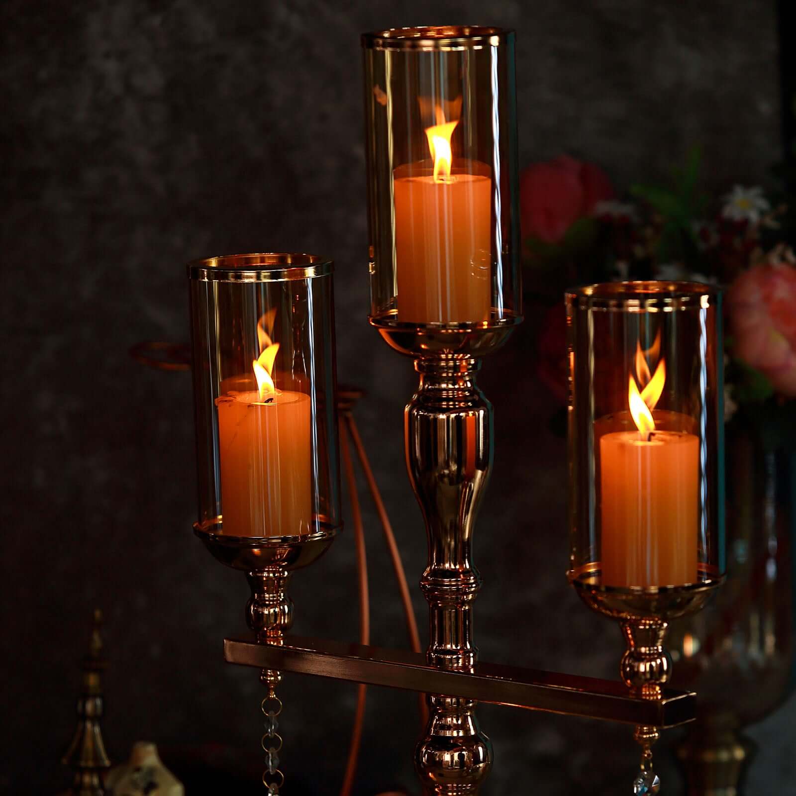 3 - Arm Gold Candelabra Metal with Amber Glass Shades - Stylish Table Centerpiece for Gatherings - Linen Luxes