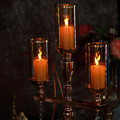 3 - Arm Gold Candelabra Metal with Amber Glass Shades - Stylish Table Centerpiece for Gatherings - Linen Luxes