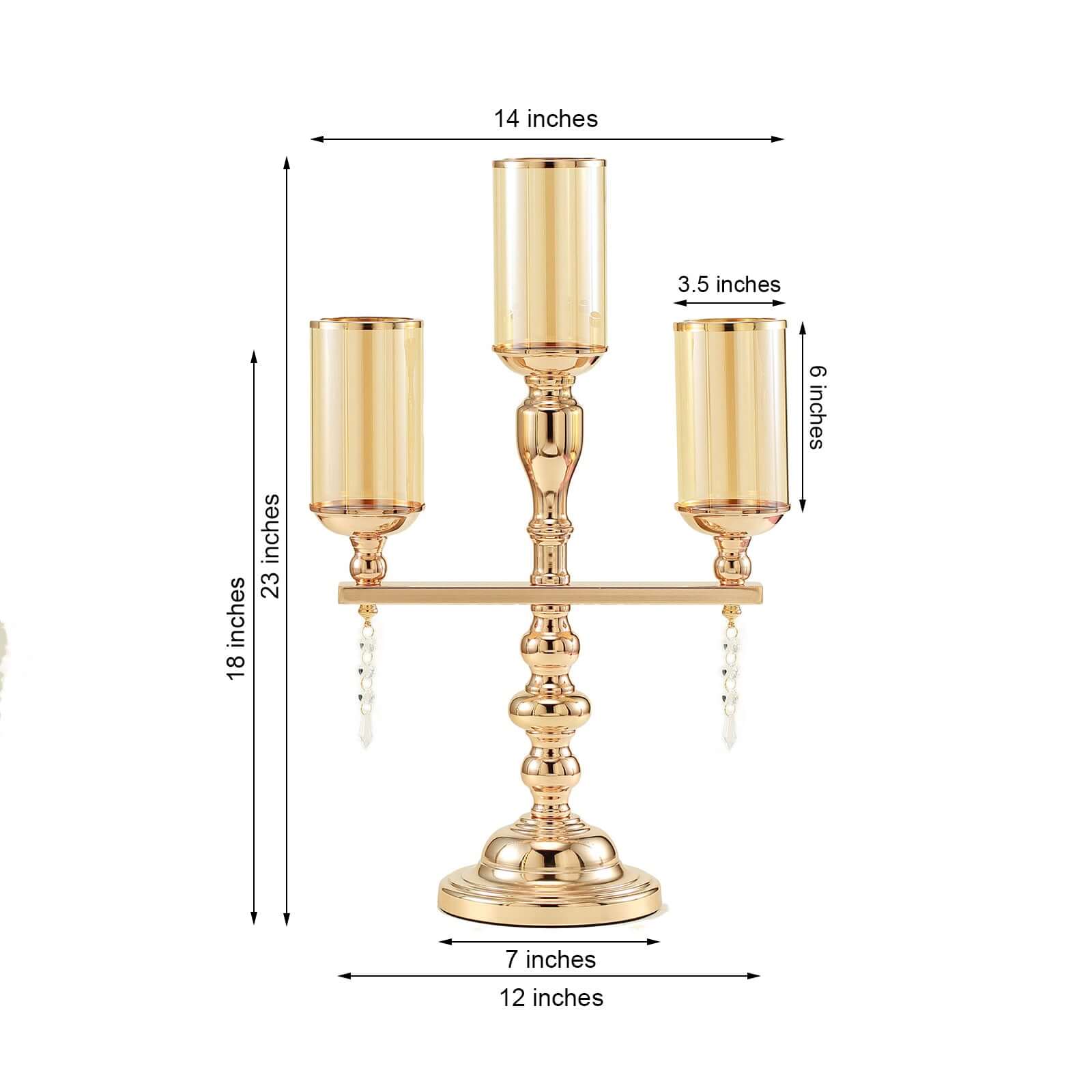 3 - Arm Gold Candelabra Metal with Amber Glass Shades - Stylish Table Centerpiece for Gatherings - Linen Luxes