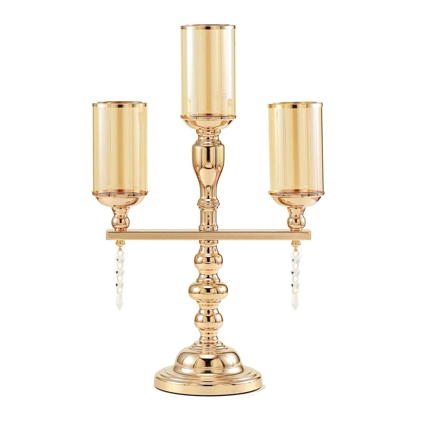3 - Arm Gold Candelabra Metal with Amber Glass Shades - Stylish Table Centerpiece for Gatherings - Linen Luxes