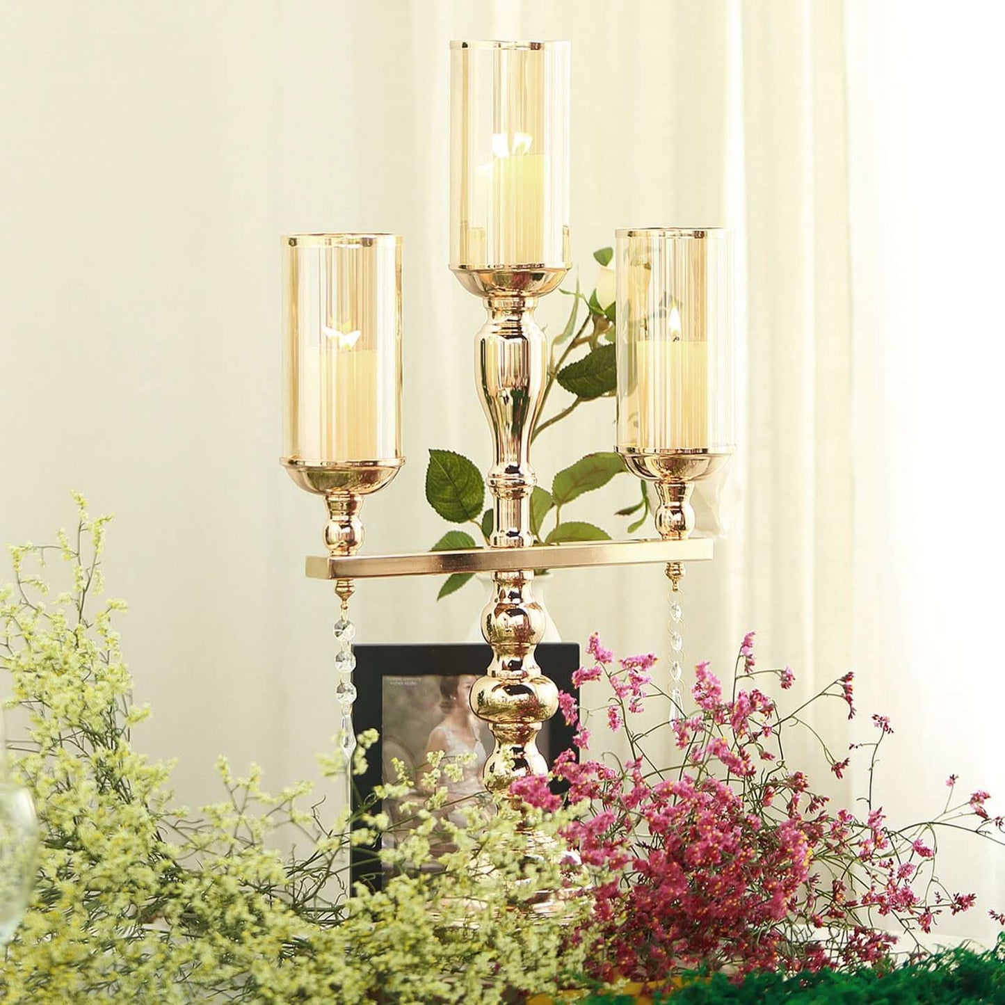 3 - Arm Gold Candelabra Metal with Amber Glass Shades - Stylish Table Centerpiece for Gatherings - Linen Luxes