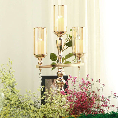3 - Arm Gold Candelabra Metal with Amber Glass Shades - Stylish Table Centerpiece for Gatherings - Linen Luxes