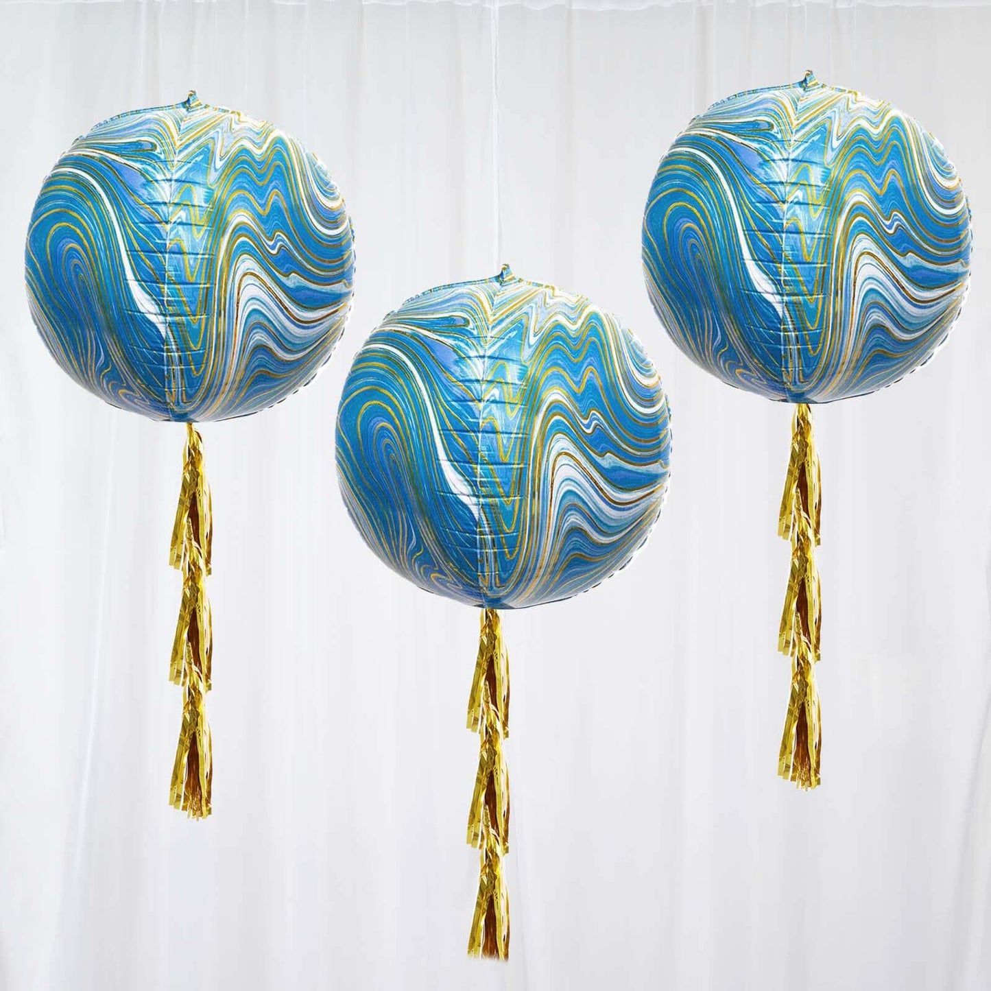 3 Pack 13" 4D Blue Gold Marble Sphere Foil Helium or Air Balloons - Linen Luxes