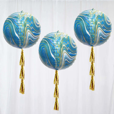 3 Pack 13" 4D Blue Gold Marble Sphere Foil Helium or Air Balloons - Linen Luxes