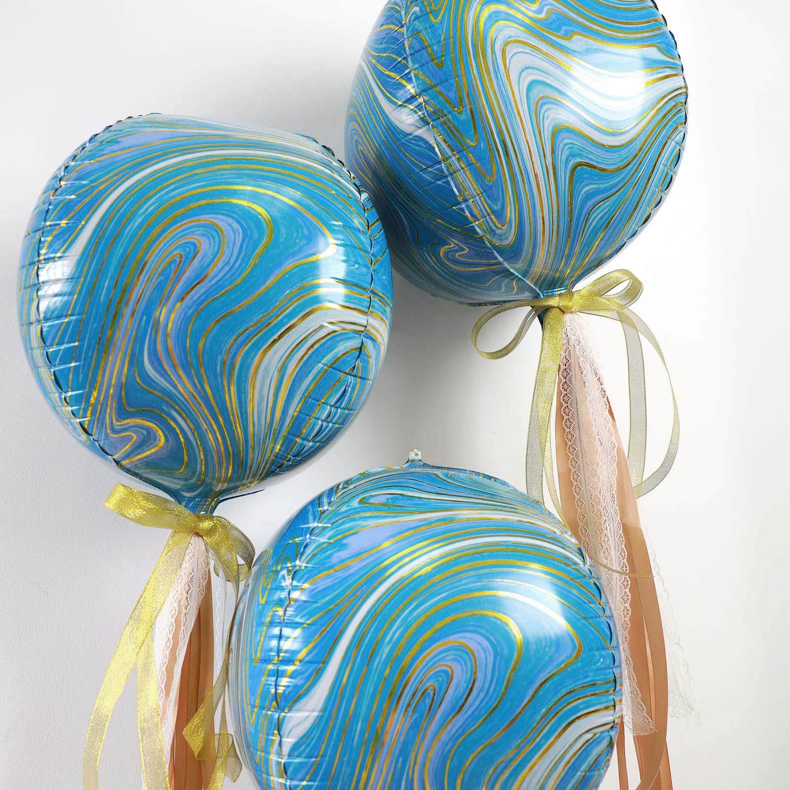 3 Pack 13" 4D Blue Gold Marble Sphere Foil Helium or Air Balloons - Linen Luxes