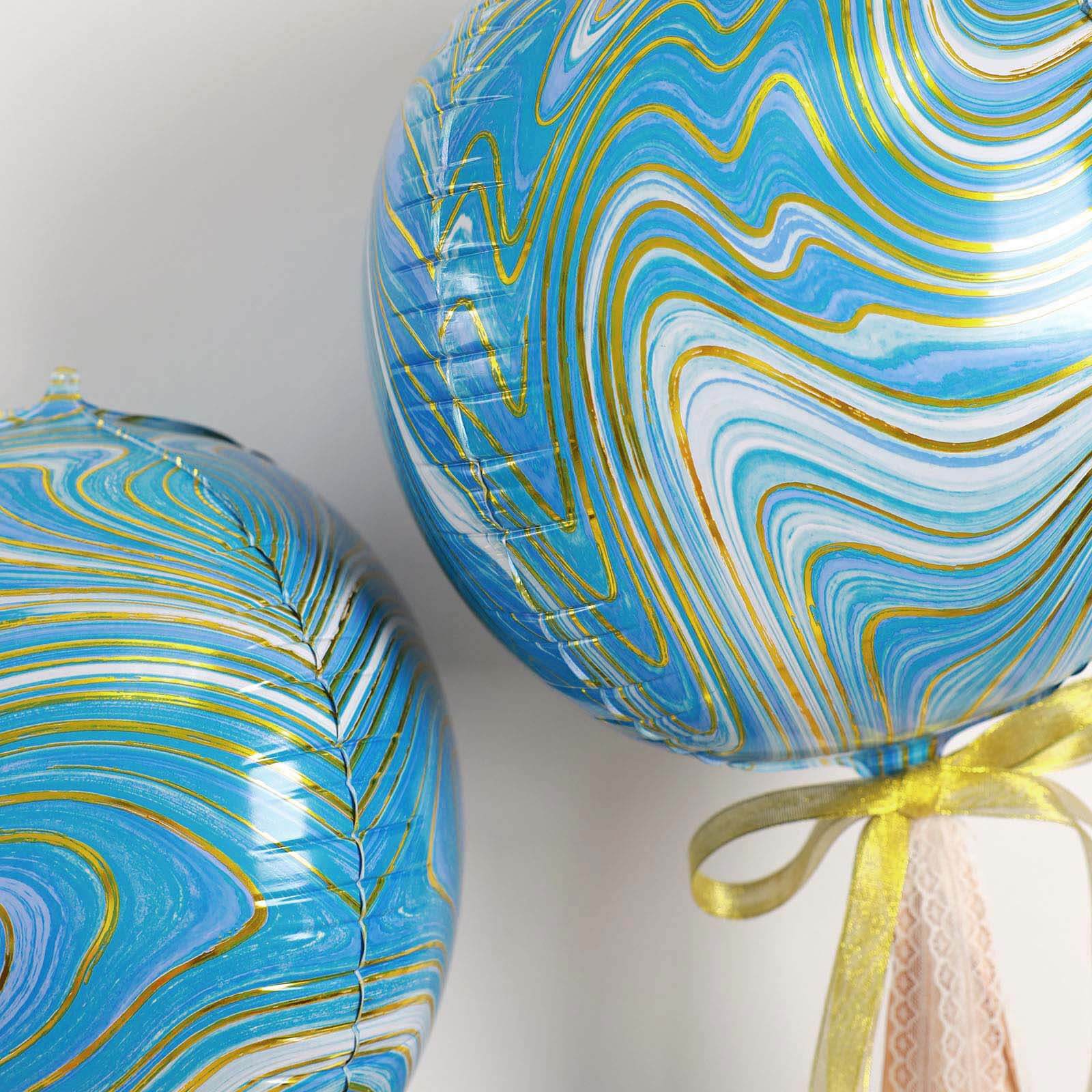 3 Pack 13" 4D Blue Gold Marble Sphere Foil Helium or Air Balloons - Linen Luxes