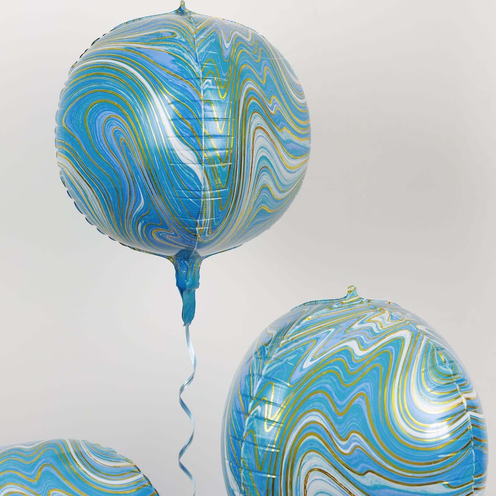 3 Pack 13" 4D Blue Gold Marble Sphere Foil Helium or Air Balloons - Linen Luxes