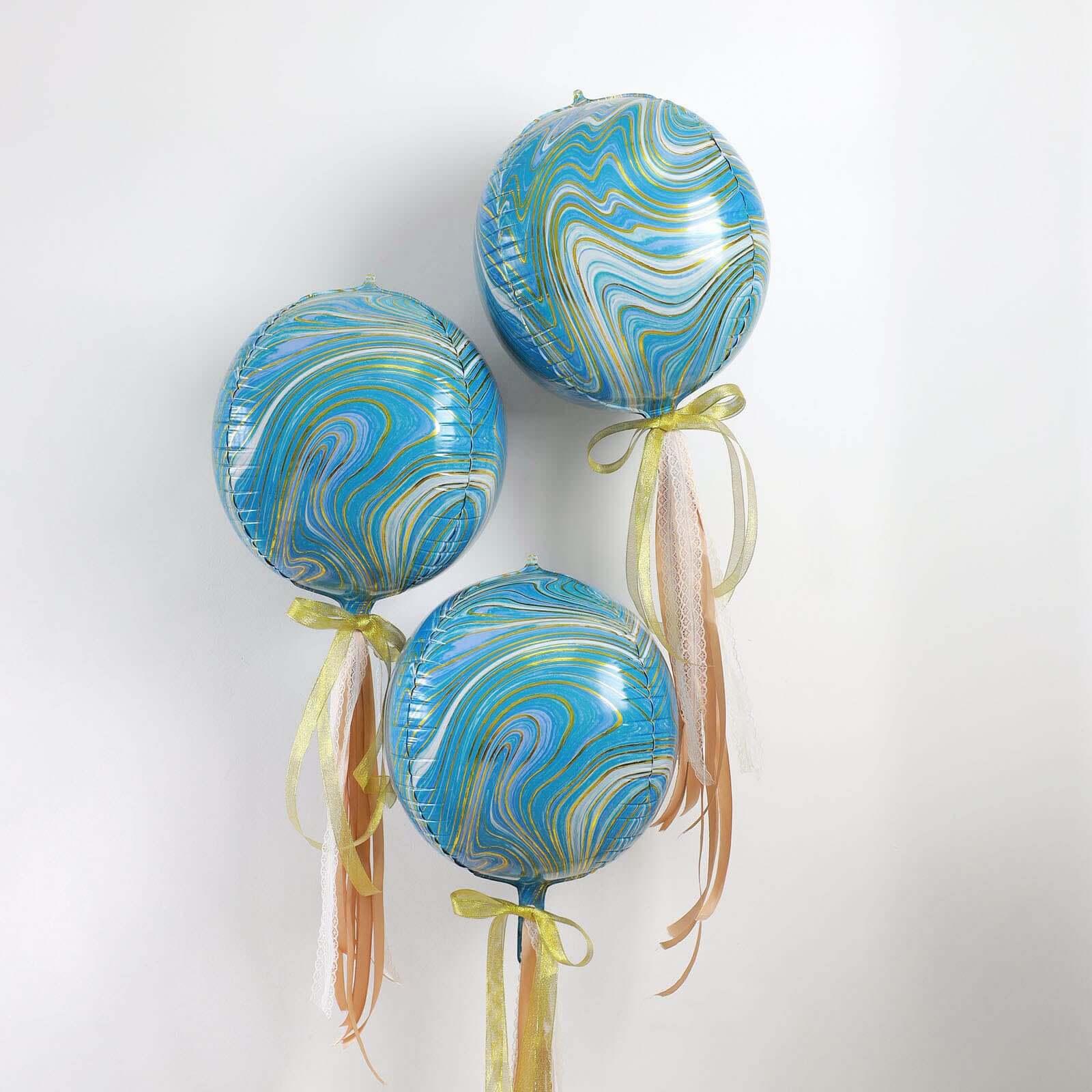 3 Pack 13" 4D Blue Gold Marble Sphere Foil Helium or Air Balloons - Linen Luxes